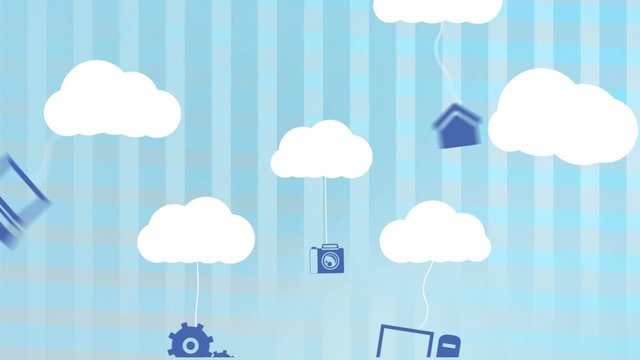 Blue cloud moving with networks icons on blue checkered background