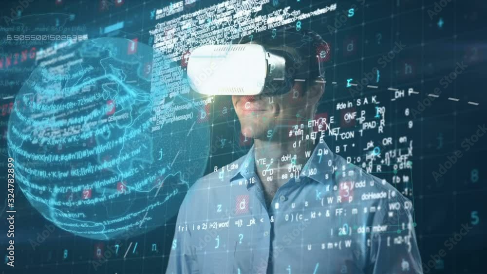 Poster man using virtual reality headset and digital globe