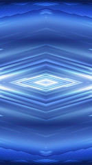 Abstract blue neon background with light lines and rays. Neon geometric shapes. Symmetric reflection.