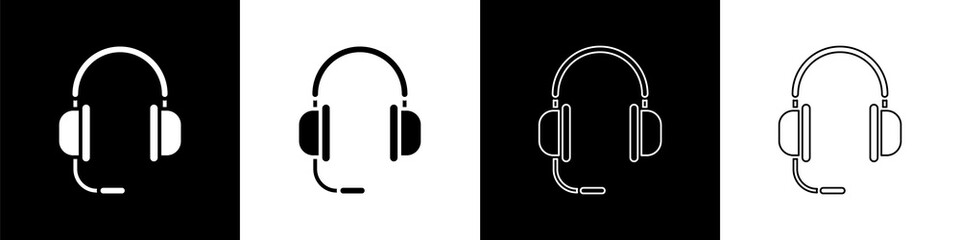 Set Headphones with microphone icon isolated on black and white background. Vector Illustration © Vadim