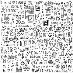 Black and white doodle background about learning English for a language school