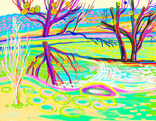 Fototapeta na wymiar original digital artwork of bright landscape with trees on a river