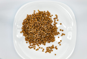 Top view of fresh buckwheat, which is in a white plate and dressed with linseed oil