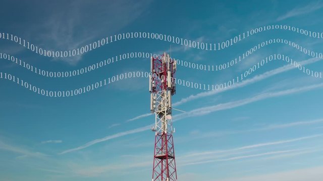 Animating binary number system waving over telecommunication tower representing emission of radiowaves, against beautiful sky.