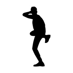 Fototapeta na wymiar black silhouette of a dancing man on white background. A male street dance hip hop dancer. Vector isolated man for logo, sticker, logotype, icon, banner, poster. Illustration for dance studio