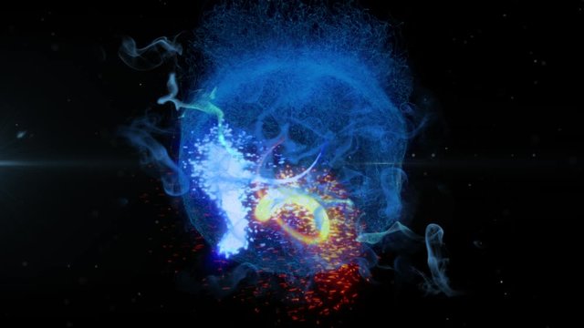 Animation of glowing colored particles and blue smoke