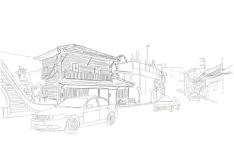 sketch of cityscape in Chantaburi, Thailland show traffic jam