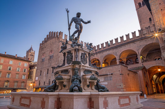 Bologna - Fontana di Nettuno or Neptune fountain on Piazza Maggiore square at the morning dusk designed by Tommaso Laureti (1565).