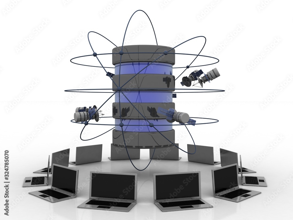 Poster 3d illustration space satellite orbit with database around computer network