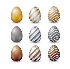 Metallic easter 3d decorated eggs vector set