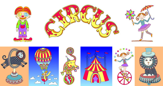set of hand drawing carton circus show vector illustration