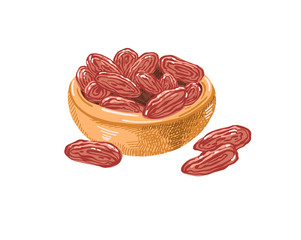 sketch drawing dates fruits in clay bowl, healthy food