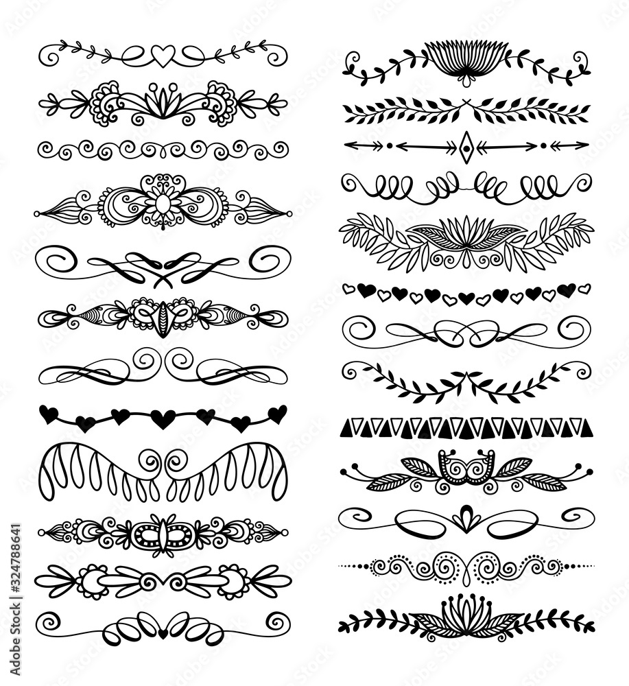 Wall mural set of 25 doodle sketch drawing divider, wedding card design element or page decoration