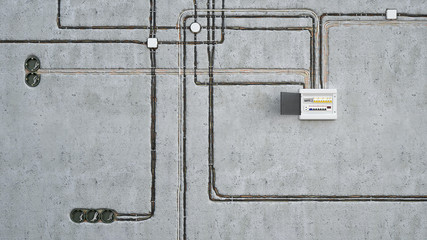 Electrical wiring and switchboard on concrete wall, 3d illustration