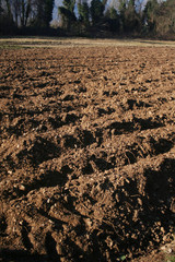 Plowed field in the italian countryside on a sunny day. Agricultural field on winter season