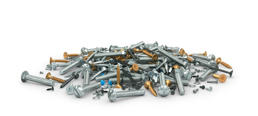 Mount. Many different screws and nuts isolated on white. 3d illustration - obrazy, fototapety, plakaty