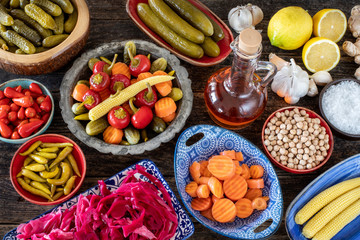 Turkish pickled foods on the table, turkish turşu - obrazy, fototapety, plakaty