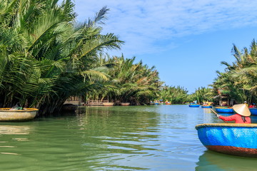 Naklejka na ściany i meble バスケットボートとニッパヤシのジャングル　ベトナム　ホイアン　Basket boat and Nippa palm jungle