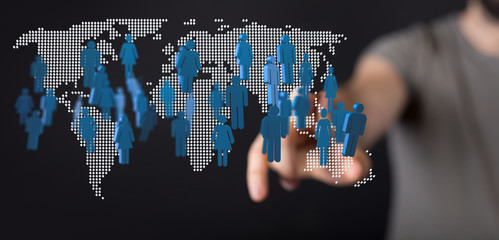 Digital hologram of the Earth with satellites on orbit. Digital globe with statistics data..