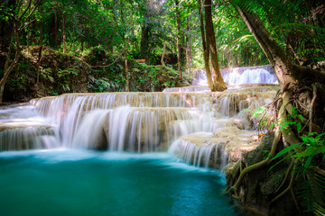 Waterfall in Tropical forest at Erawan waterfall National Park, Thailand