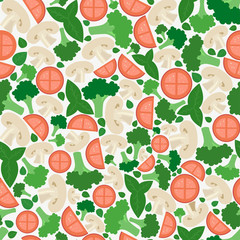 Pattern of healthy vegetables broccoli, tomato, mushrooms