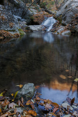 Fototapeta na wymiar Vertical background of an autumn river; autumn vertical landscape with a mountain river