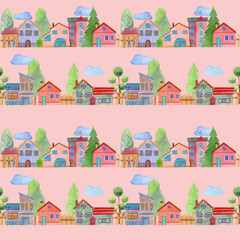 Seamless pattern with cute cartoon city buildings isolated on a pink background. Watercolor hand painted illustration