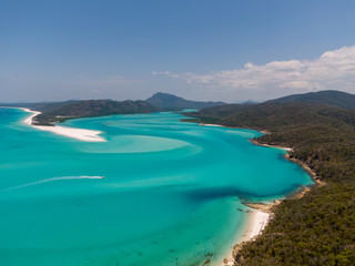 Whitehaven beach aerial view, Whitsundays. Turquoise ocean, white sand. Dramatic DRONE view from above. Travel, holiday, vacation, paradise. Shot in Hill Inlet, Queenstown, Australia.