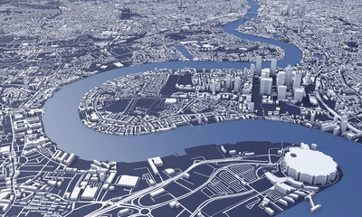 London city map 3D Rendering. Aerial satellite view.
