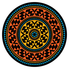Tribal Aztec mandala vector pattern, bohemian geometric round design in black, blue, red and yellow, zen decoration