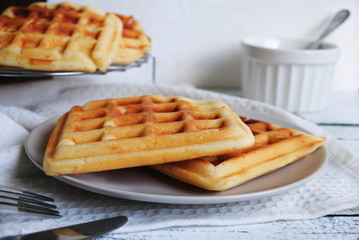 Tasty waffles on a plate close-up