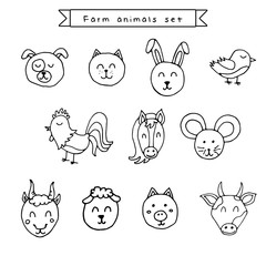 Cute animals hand drawn faces collection on white background: farm animals isolated on white background.