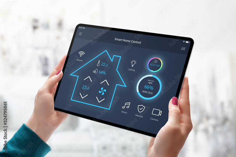 Poster modern home smart automation app on tablet display in woman hands