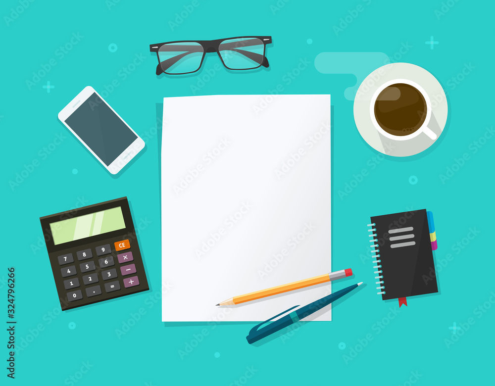 Poster working desk table flat lay top view with education or study objects and blank paper sheet page vect