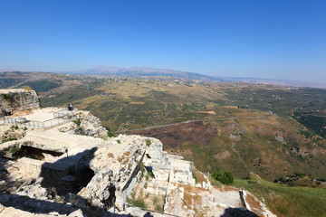 Fototapeta na wymiar Lebanon: View from the remains of Beaufort crusader fort onto the Litani river valley and Mt Hermon.