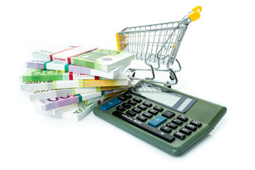 Shopping cart with euro. Cash and calculator. Concept of shopping for the best deal before buying.