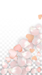 Vector Realistic Petals and Hearts Confetti. Flying Sakura and Hearts on Transparent Background. Wedding Invitation Background. Spring Romance Poster. Vector Illustration for Anniversary Design.