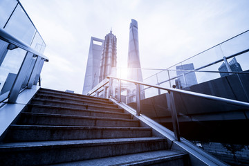 Fototapeta premium Office building in Lujiazui Business District of Shanghai in blue..