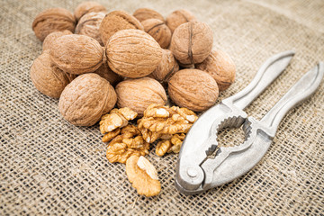 Walnut kernel background. Nutcracker with walnut