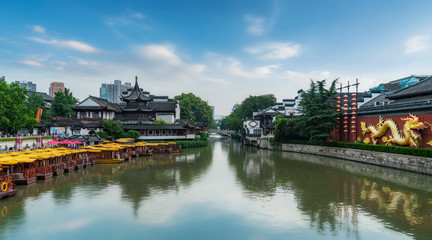 Fototapeta premium Ancient architectural landscape of Qinhuai River in Nanjing Fuzi Temple..