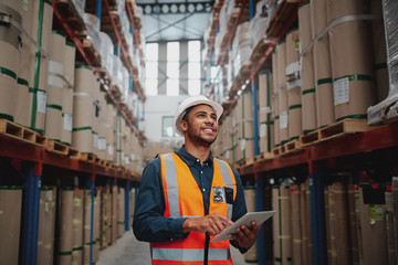 Low angle view of young african man wearing reflective jacket holding digital tablet standing in factory warehouse smiling - 324798080