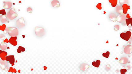 Vector Realistic Petals and Hearts Confetti. Flying Rose and Hearts on Transparent Background. 