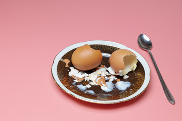 Eaten breakfast. Dirty plate. Shell from eaten egg