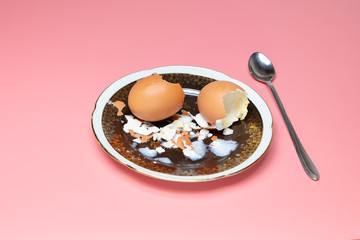 Eaten breakfast. Dirty plate. Shell from eaten egg
