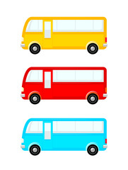 Bus icon set different colors. Vector Colorful Travel Passenger Autobus side view.