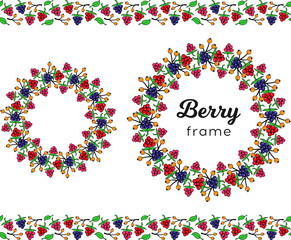 Round frames and horizontal border of colorful berries, twigs and leaves. Abstract blackberries, raspberries, bramble. Vector decorative elements. Design for packaging, paper, fabric, textile, menu