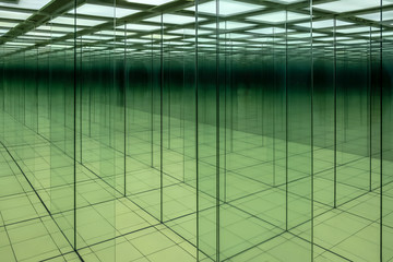 Abstract image of glass labyrinth. Transparent glass maze attraction.