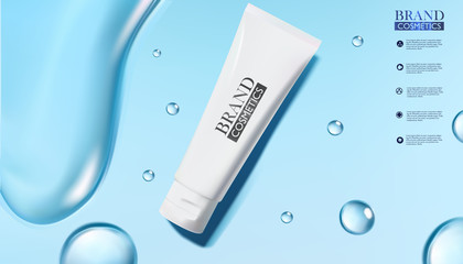 Vector Illustration Of Realistic .White cosmetic products with drop of water on blue background.