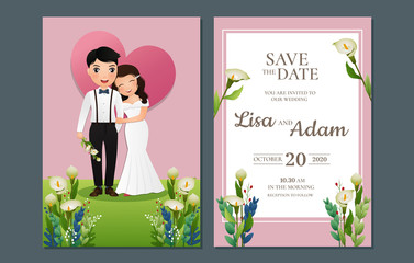 Fototapeta premium Wedding invitation card the bride and groom cute couple cartoon character.Colorful vector illustration for event celebration 
