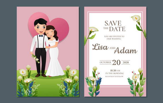 Wedding invitation card the bride and groom cute couple cartoon character.Colorful vector illustration for event celebration 
